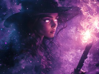 Fototapeta premium Vibrant Witch Casting Glowing Spell Under Starry Purple Sky Fantasy Portrait Concept