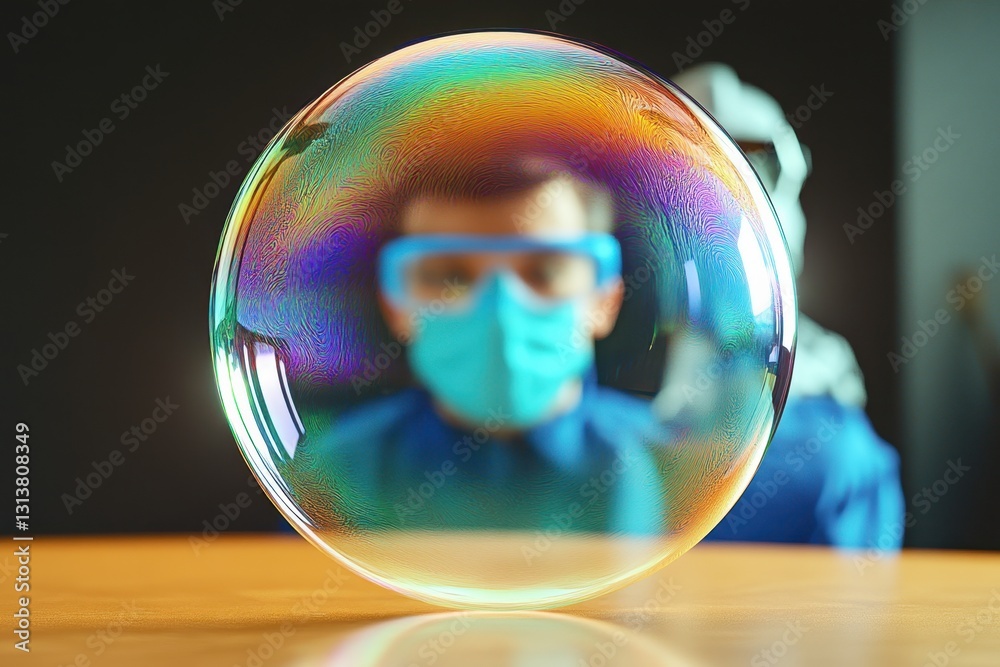 Poster scientist observing colorful soap bubble in laboratory setting during daylight hours