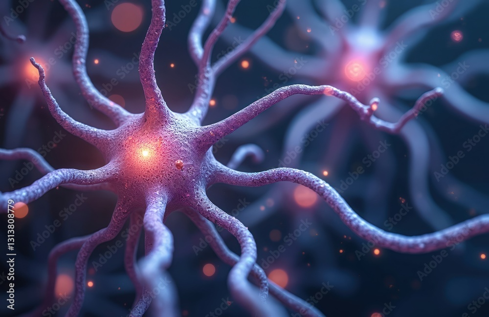Poster Neuron cells under microscope. Neural network, brain signal, information transfer in human body. Neurology, mind, mental impulse, biology, anatomy, microbiology, intelligence, connection. Medical