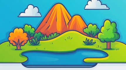 Cartoon landscape hills, trees, lake, mountains, and clouds against a blue gradient sky