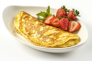 Delicious and Sweet Crepe with Fresh Strawberries and Mint Sprigs Garnished on a White Plate