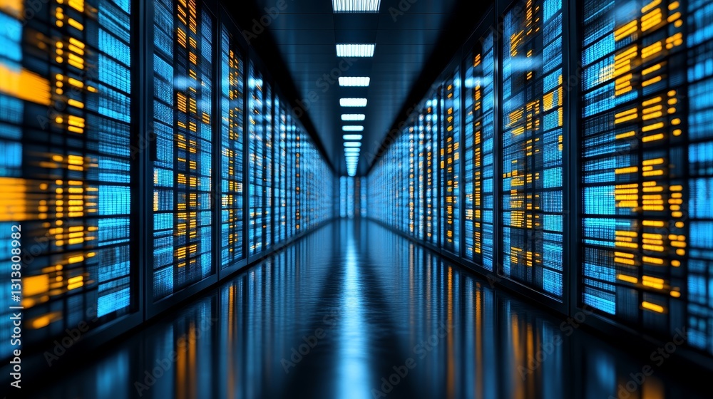 Poster data center infrastructure showcasing server racks for cloud computing and high speed network soluti