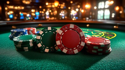 Poker chips stacked on a casino table with blurred setting in the background, casino advertising photograph