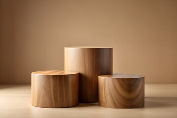 Trio of Cylindrical Walnut Woodgrain Podiums Against Soft Peach Backdrop
