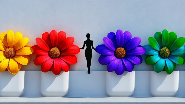 Woman is holding a flower in a vase with a rainbow of flowers surrounding her. The flowers are in different colors, and the woman is the only visible object. Concept of beauty and harmony