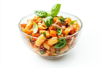 Delicious pasta dish with tomato sauce and basil in a glass bowl on a white background Italian style