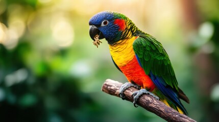 Naklejka premium Colorful parrot perched on a branch, eating a snack amidst lush green foliage in a vibrant forest