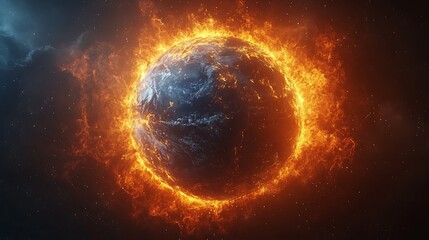 Naklejka premium A fiery earth surrounded by flames representing the catastrophic impact of climate change