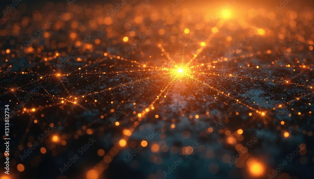 Poster Abstract background of glowing points connected by lines. Futuristic tech design with sparkling dots, blurred bokeh lights in gold, yellow, orange colors. Digital network, data communication,
