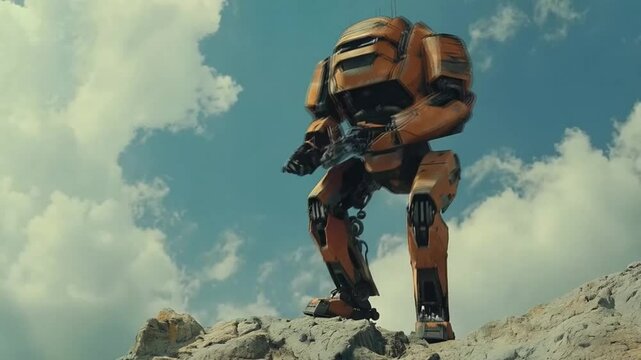 A robot is standing on a rocky hill, looking up at the sky. smooth repeating motion for background video animation