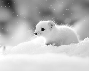 A small white animal stands in the snowy landscape