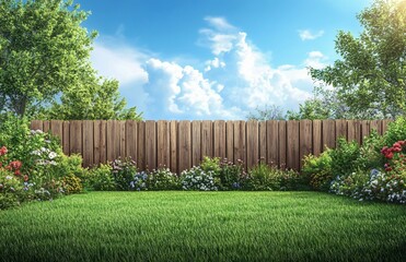 Fototapeta premium A vibrant, photorealistic backyard garden scene, perfect for home improvement ads, landscaping promotions, or spring-themed materials.