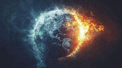 A stylized globe surrounded by bright fire reflecting the consequences of environmental neglect