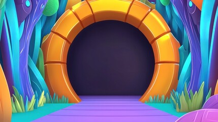 Obraz premium Cartoon portal entrance leading to a dark interior, surrounded by colorful vegetation and walkway