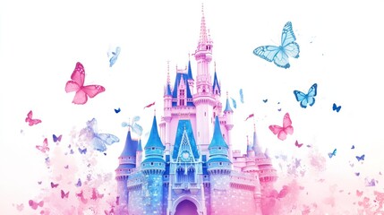 Fototapeta premium Magical castle, pastel butterflies, fantasy, fairytale, dreamlike background, ideal for children's books