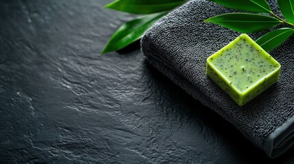Relaxing spa setting featuring a green herbal soap on a textured towel with fresh leaves nearby