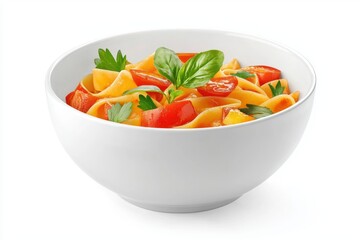Appetizing Bowl of Pasta with Fresh Tomatoes and Basil Capturing Culinary Art in Studio Shot Italian Cuisine