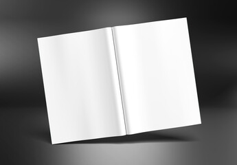 Open magazine mockup isolated on black background. Brochure template on blank. 3D rendering