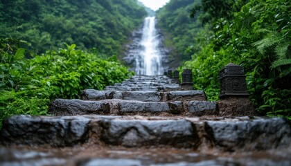 Travel concept. A serene waterfall cascades down lush green hills, framed by stone steps, inviting exploration in a tranquil nature setting.