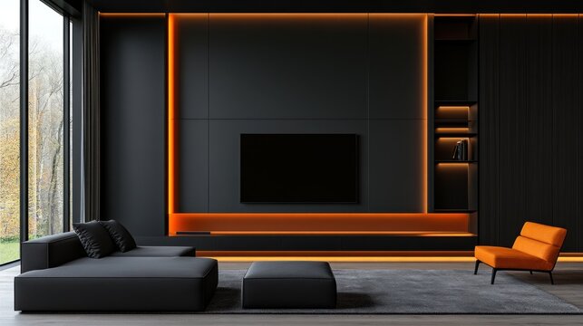 Modern Dark Living Room Interior Design with Orange Accents
