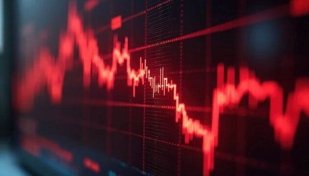Sharp declining red stock chart details dramatic fall in values against dark background. Close-up of recession financial chart diagram. Economic crisis, investment risk, market crash, lost