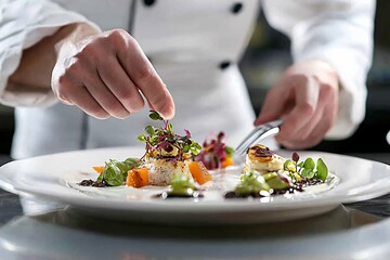 A chef artfully arranges fresh ingredients on a pristine white plate, showcasing culinary creativity and meticulous skill in gourmet cuisine.