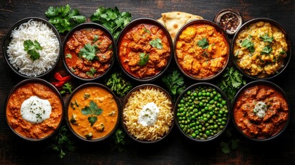 Diverse array of flavorful Indian curries and rice dishes