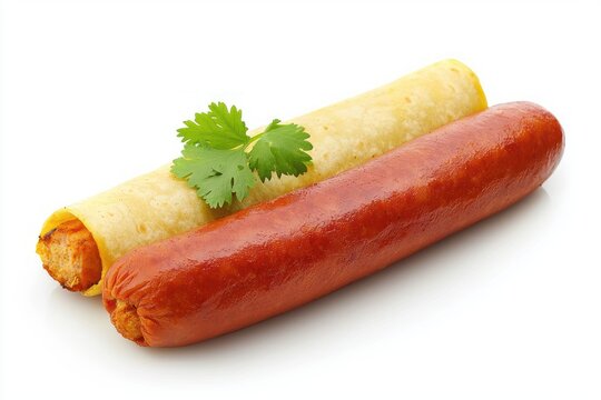 Delicious hotdog next to chicken taquito garnished with vibrant cilantro on a white background