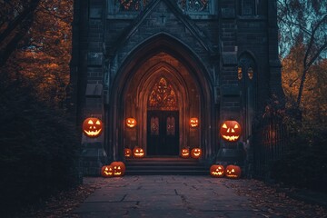 A church with a large archway and a large number of pumpkins on the steps. The pumpkins are lit up and the mood of the image is spooky and festive