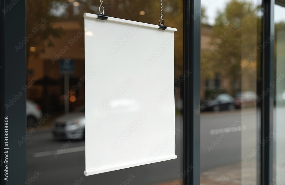 Poster Empty advertising placard hangs vertically at store window. Clean white signboard mock up template for sale, promotion announcement, discount advertising, announce opening. Frame reflects building,