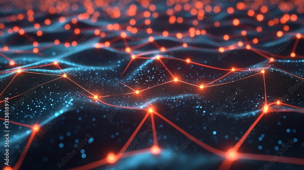 Sticker abstract digital network with glowing nodes and wavy surface