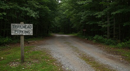 Trailhead Parking Sign by Gravel Road in Forest Hiking Concept