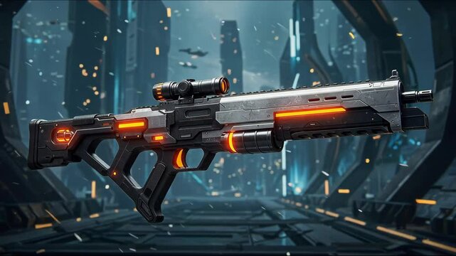 A sleek, futuristic gun with glowing orange elements in a sci fi setting