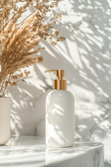 Fototapeta premium Shampoo Bottle with Gold Pump & Dried Flowers