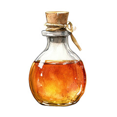 watercolor illustration Glass bottle filled with amber liquid and a cork stopper. on transparent cutout, PNG file