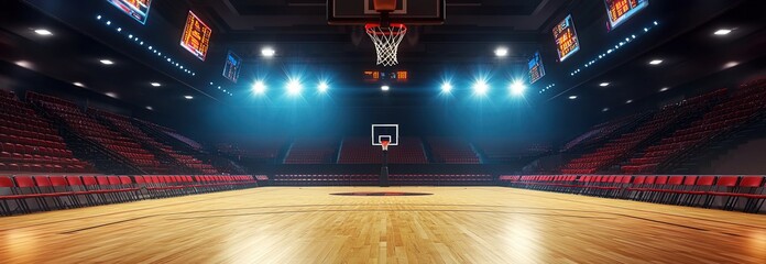 A photorealistic basketball arena with a court, high-level details, cinematic lighting, and a wide shot