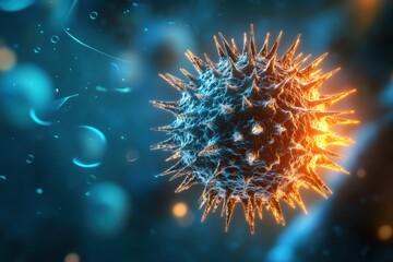 Fototapeta premium Viral structure depicted in a close-up view showcasing spikes and surrounding particles