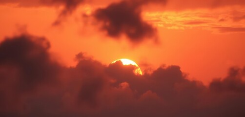 Fiery sunset obscured by thick, textured clouds, scenery, twilight