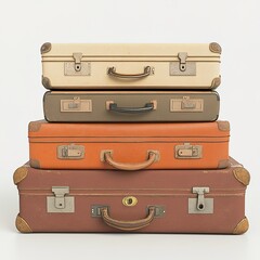 Four vintage pastel suitcases stacked on top of each other, simple white background