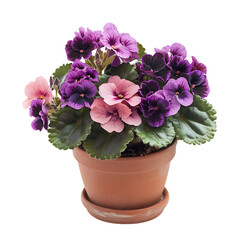 A Potted African Violet Plant with Deep Purple and Pink Pansies Isolated on Transparent Background
