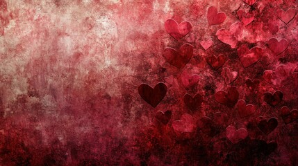 Red hearts are scattered across a textured and stained background
