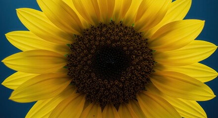 Obraz premium Vibrant Sunflower Head with Yellow Petals on Deep Blue Background