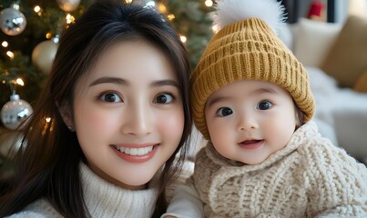 Obraz premium a mother and baby looking directly at the camera.