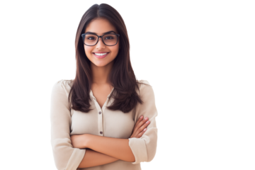 Smiling Indian female student wearing glasses, arms crossed, isolated background