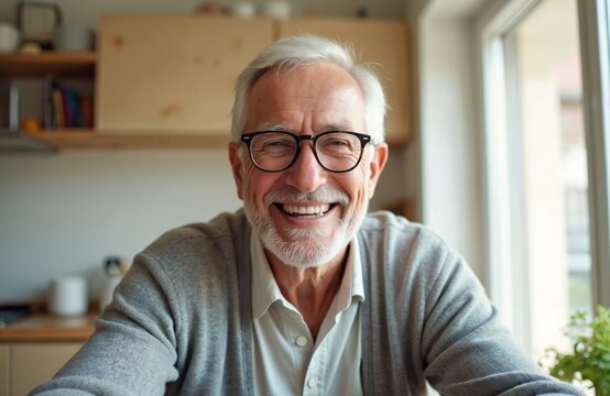 Joyful middle aged man in glasses laughs talking on video call. Mature senior grandfather has fun speaking with grown up children online. Headshot portrait webcamera view at home interior.