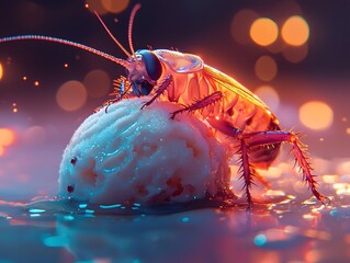 Vibrant Glowing Cockroach Climbing onto Melting Ice Cream Surreal Conceptual Imagery