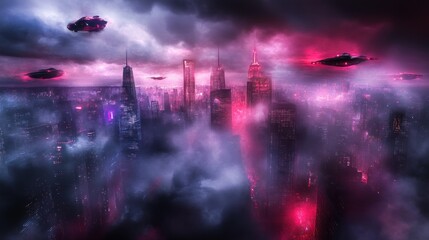 Obraz premium Futuristic Cityscape Under a Crimson Sky: UFOs Over Neon Metropolis