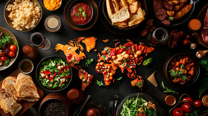 world map made of food ingredients, surrounded by various dishes from different cultures, symbolizing global culinary diversity and cultural richness