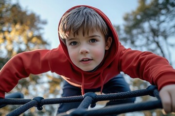 Naklejka premium Young boy plays on climbing structure in park on sunny day