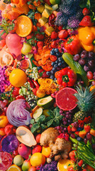 Vibrant Harvest: A rich tapestry of fresh, colorful fruits and vegetables, artfully arranged, showcasing nature's bounty and the beauty of healthy eating.